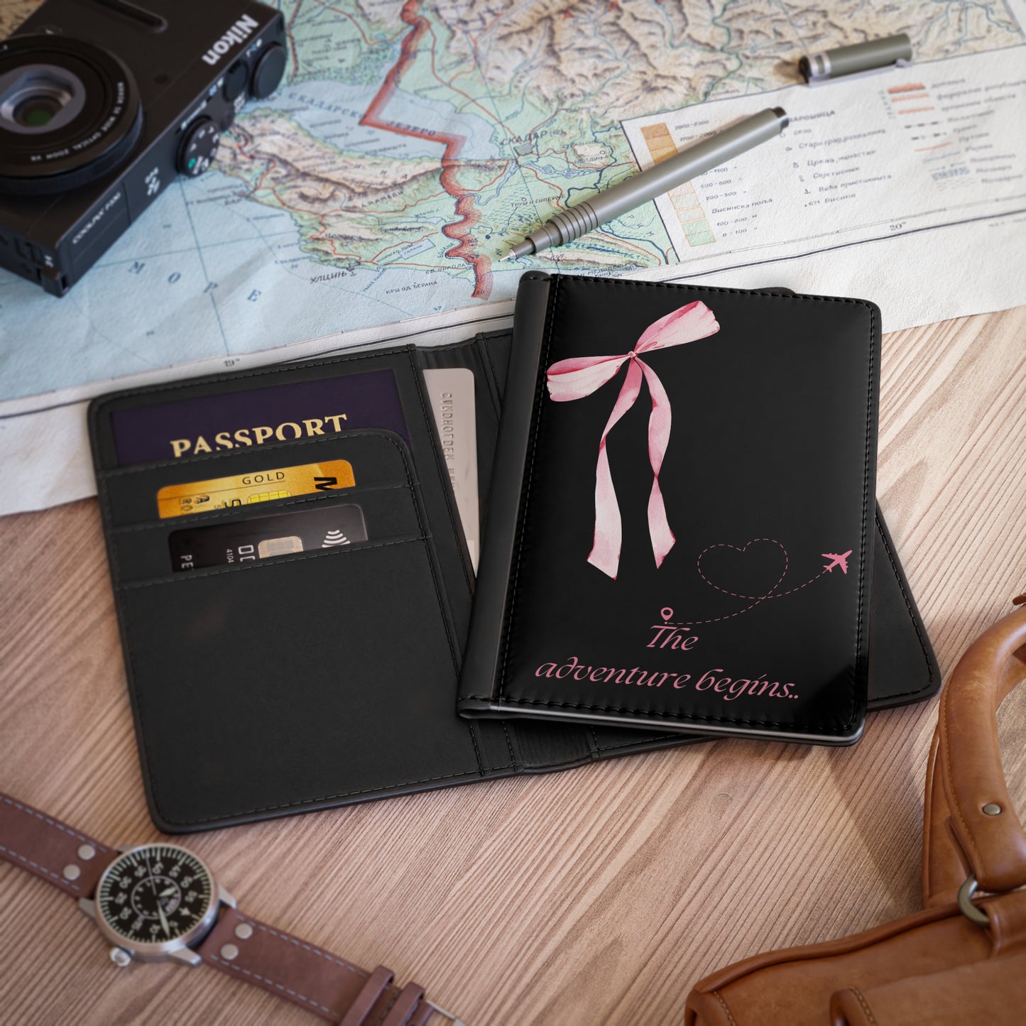 Pink Bow Passport Holder-Black