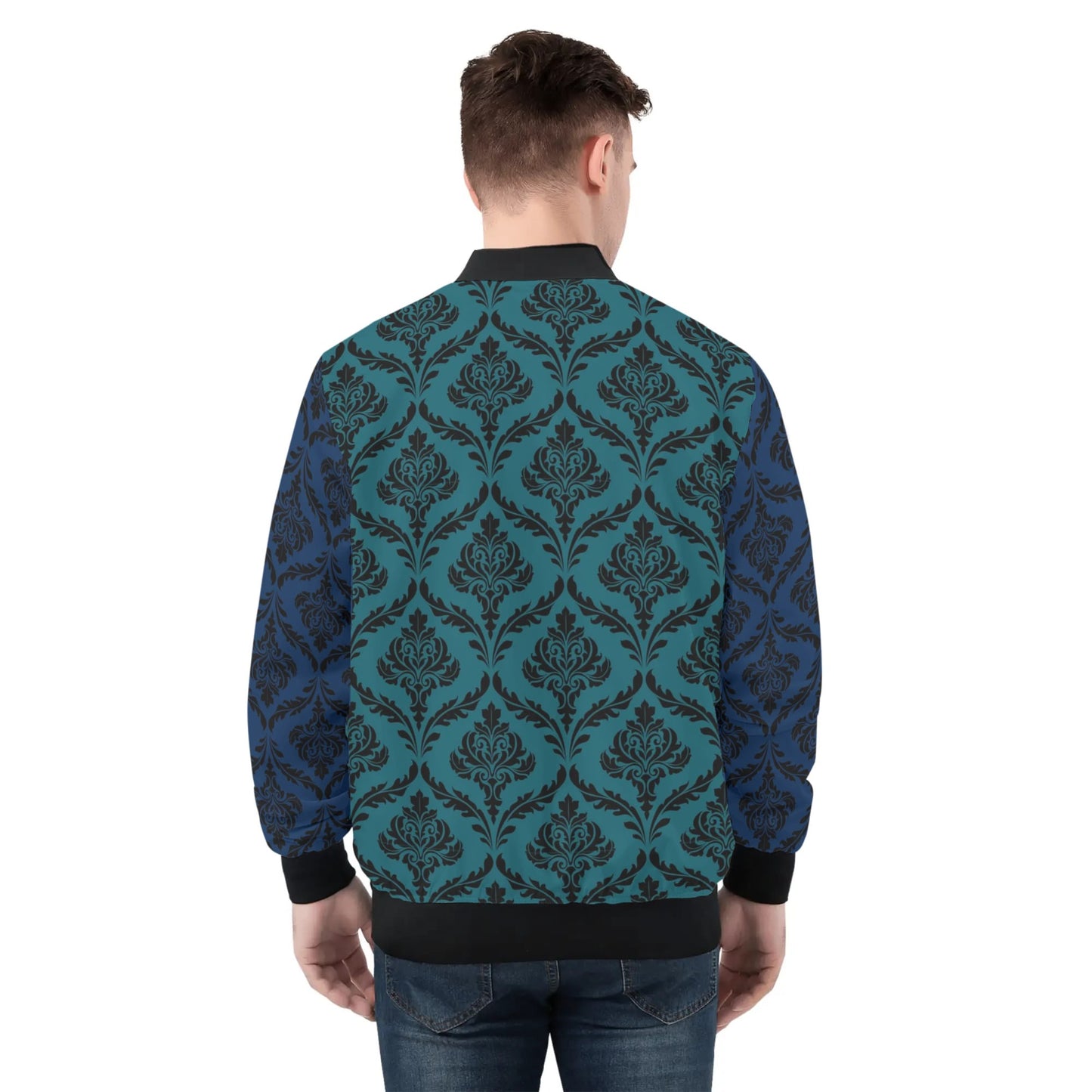 Mens Bomber Jacket-Blue/Teal Damask