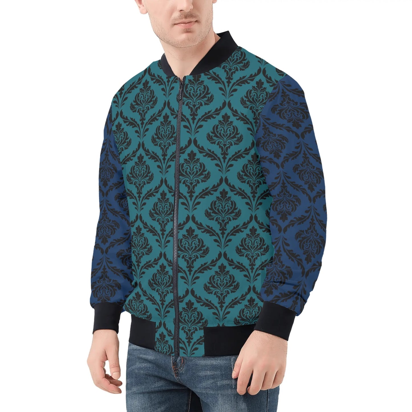 Mens Bomber Jacket-Blue/Teal Damask