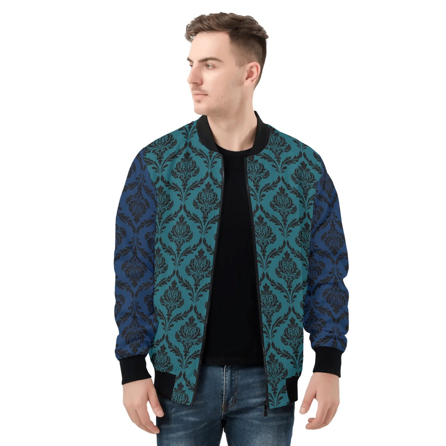 Mens Bomber Jacket-Blue/Teal Damask