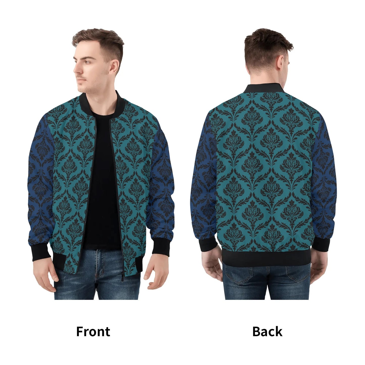 Mens Bomber Jacket-Blue/Teal Damask