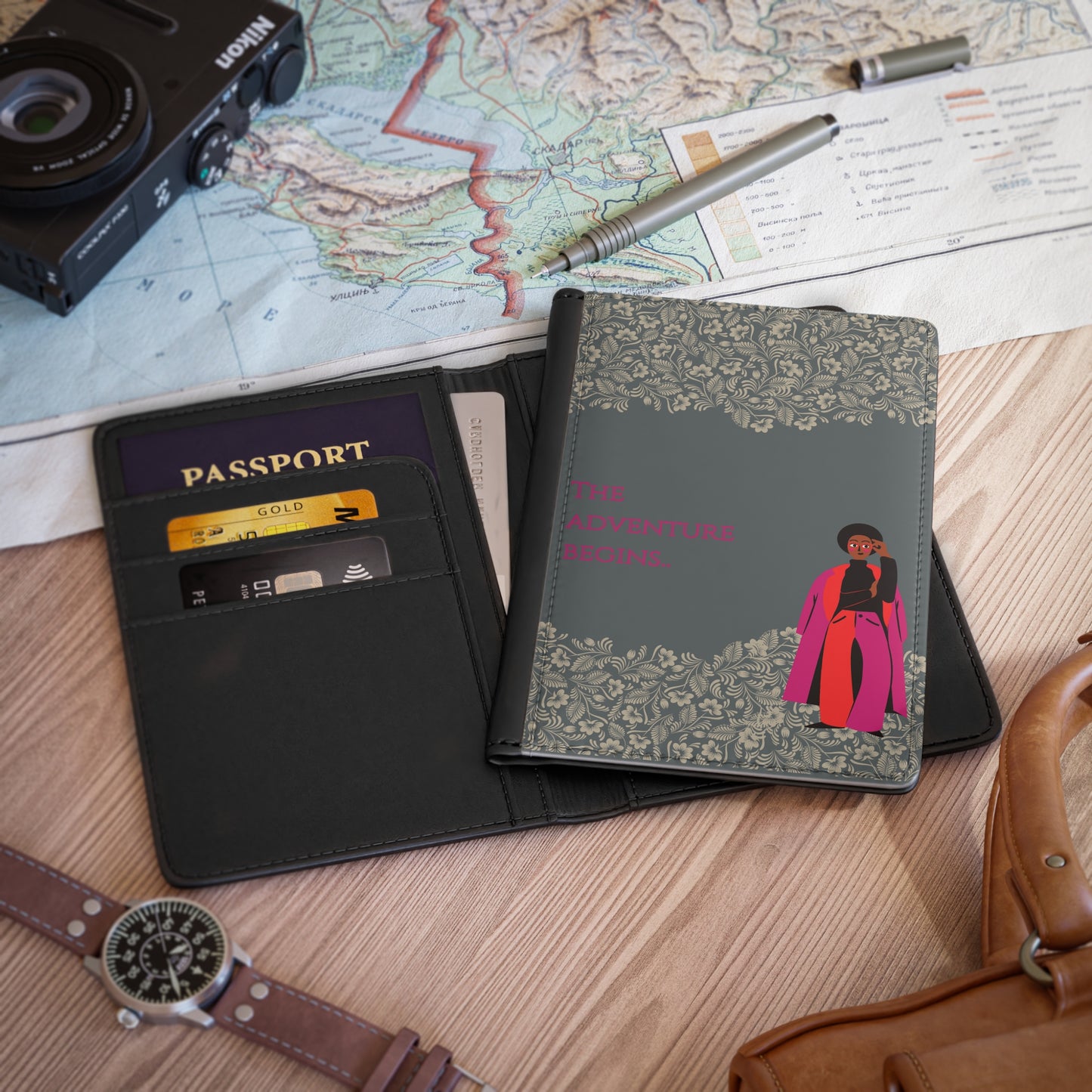 The Adventure Begins Passport Holder -Grey