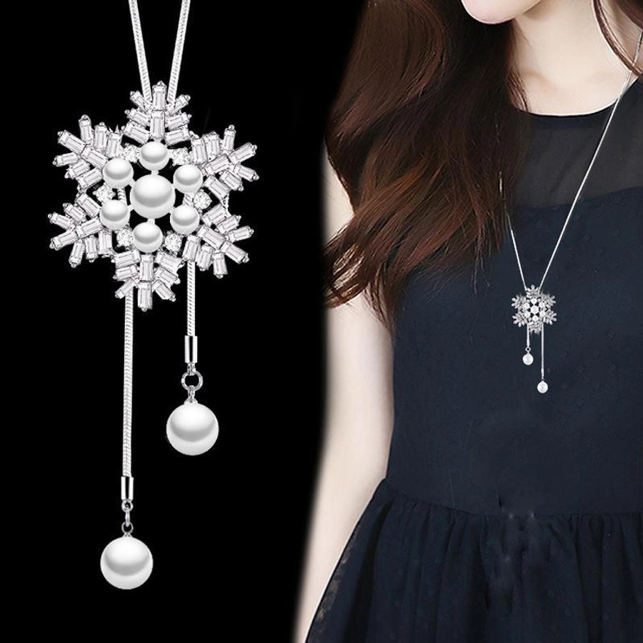 ig style shiny snowflake alloy copper plating inlay artificial crystal artificial pearls rhinestones women's sweater chain