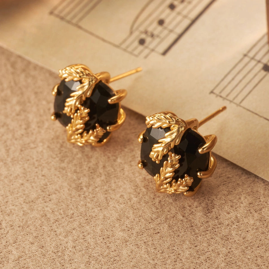 Black Stone with Stem Ear Studs(18K Gold Plated)