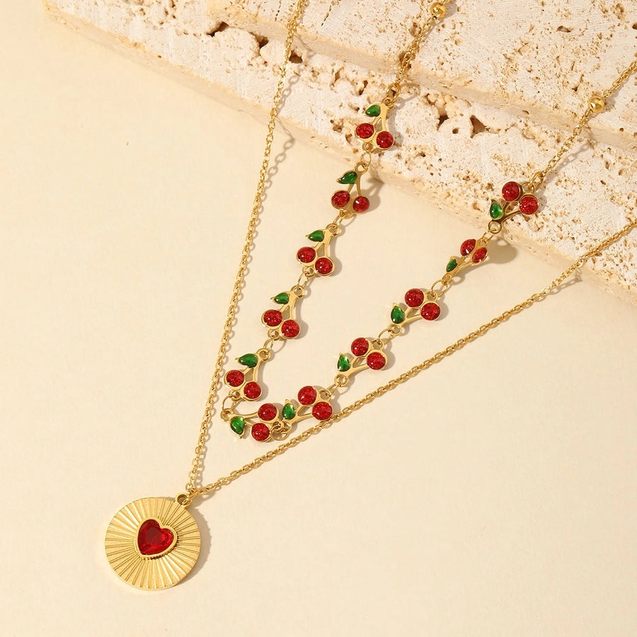 Cherry Heart Double Layer Necklaces (18K Gold Plated)