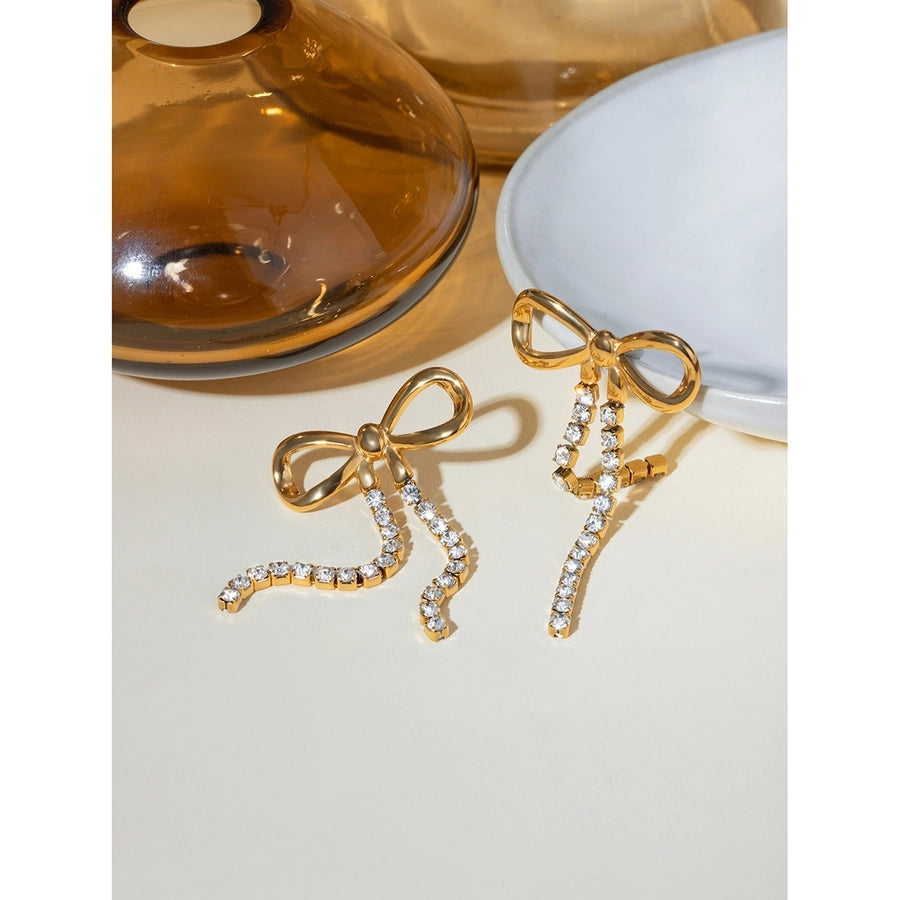 Bow and Rhinestone Drop Earrings(18K Gold Plated)