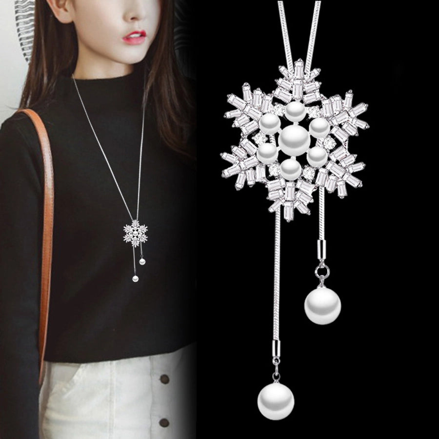 ig style shiny snowflake alloy copper plating inlay artificial crystal artificial pearls rhinestones women's sweater chain