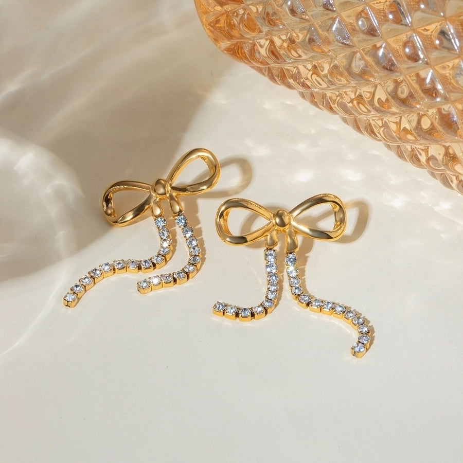 Bow and Rhinestone Drop Earrings(18K Gold Plated)