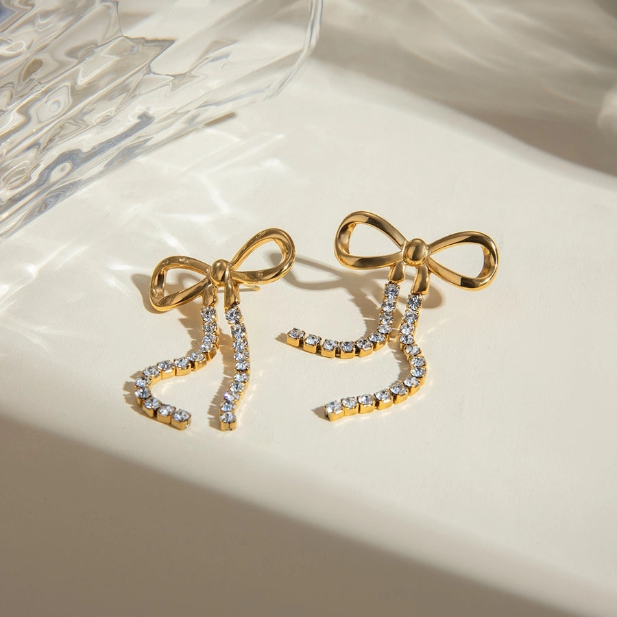 Bow and Rhinestone Drop Earrings(18K Gold Plated)