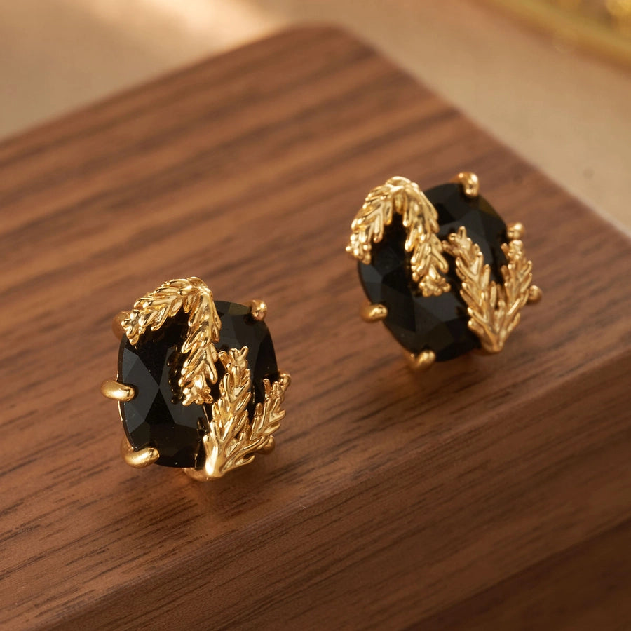 Black Stone with Stem Ear Studs(18K Gold Plated)