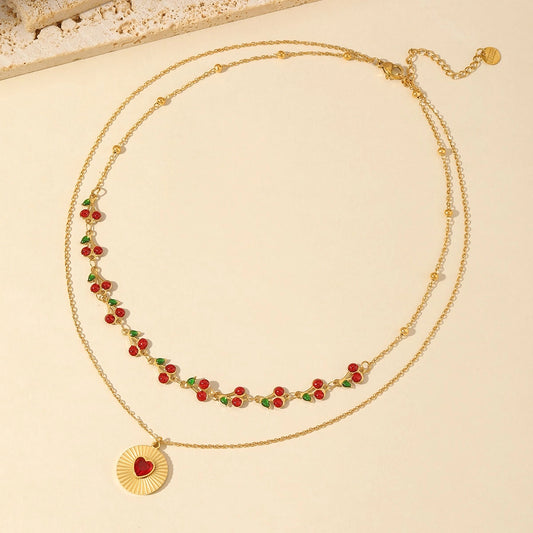 Cherry Heart Double Layer Necklaces (18K Gold Plated)