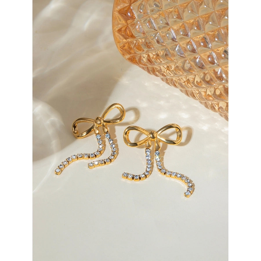 Bow and Rhinestone Drop Earrings(18K Gold Plated)