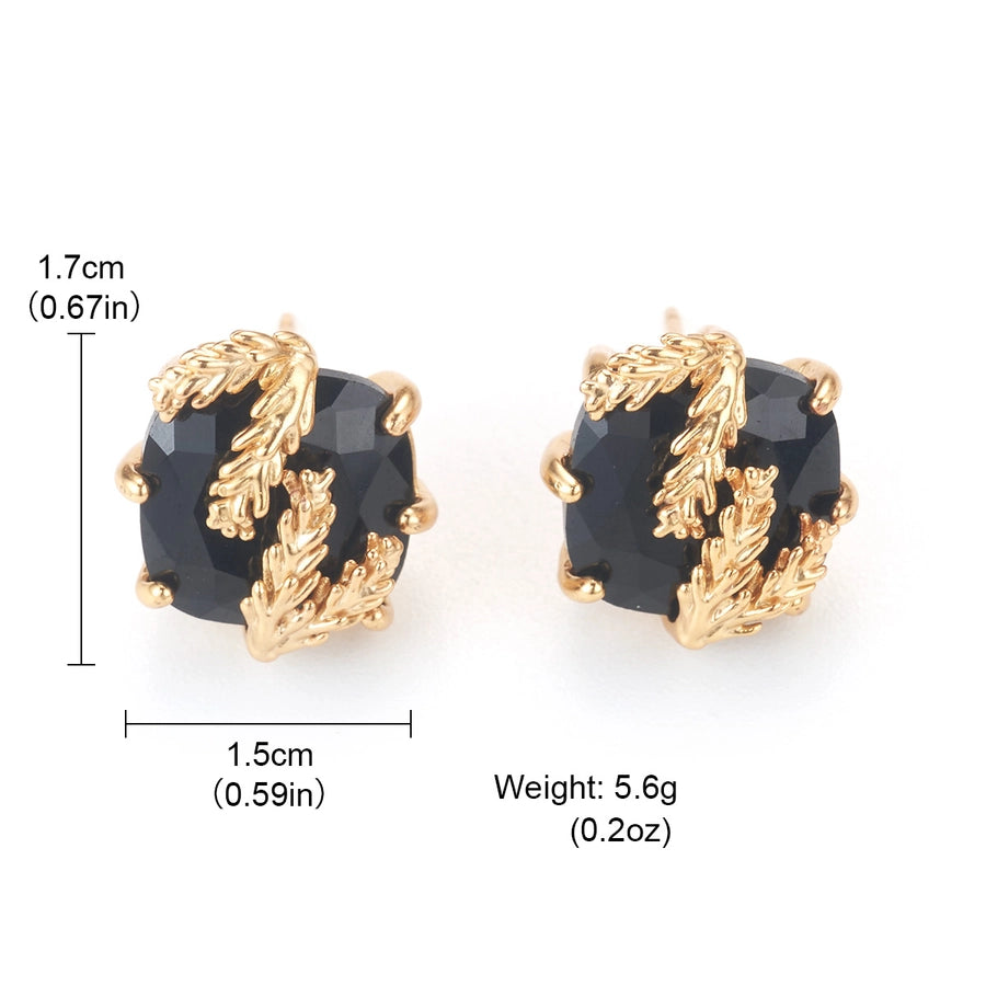 Black Stone with Stem Ear Studs(18K Gold Plated)