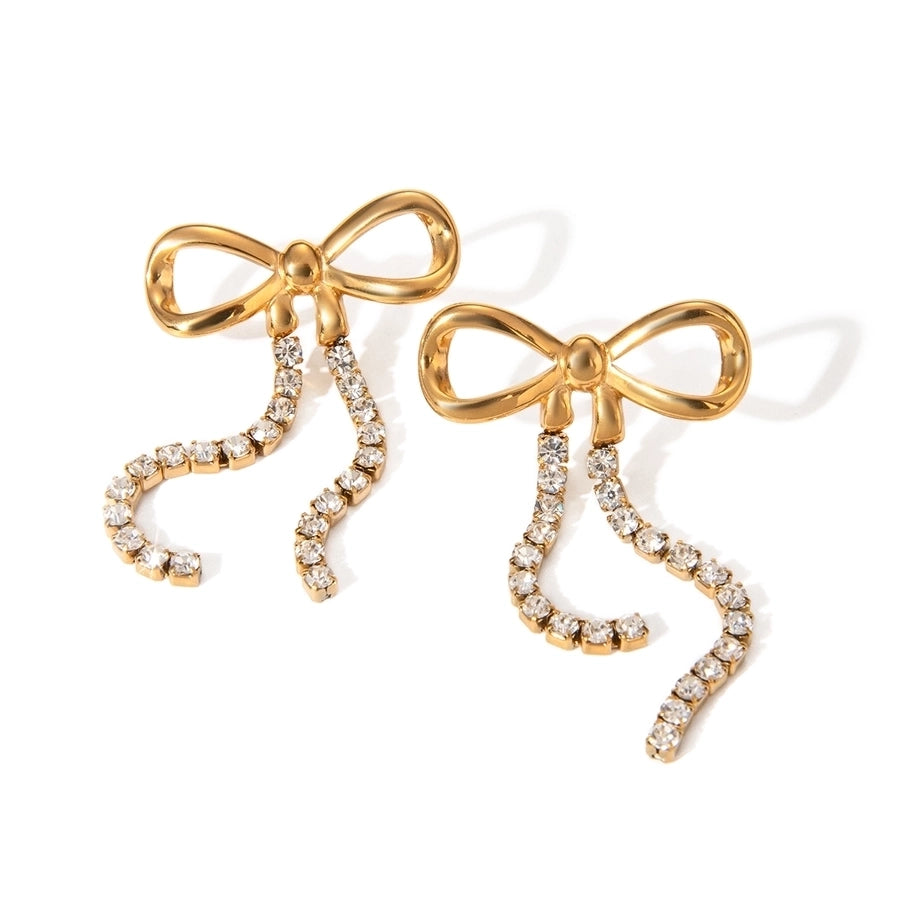 Bow and Rhinestone Drop Earrings(18K Gold Plated)