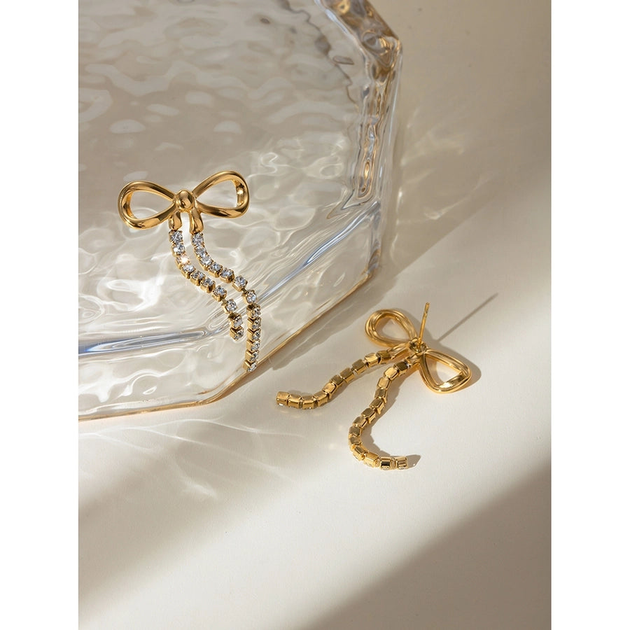 Bow and Rhinestone Drop Earrings(18K Gold Plated)