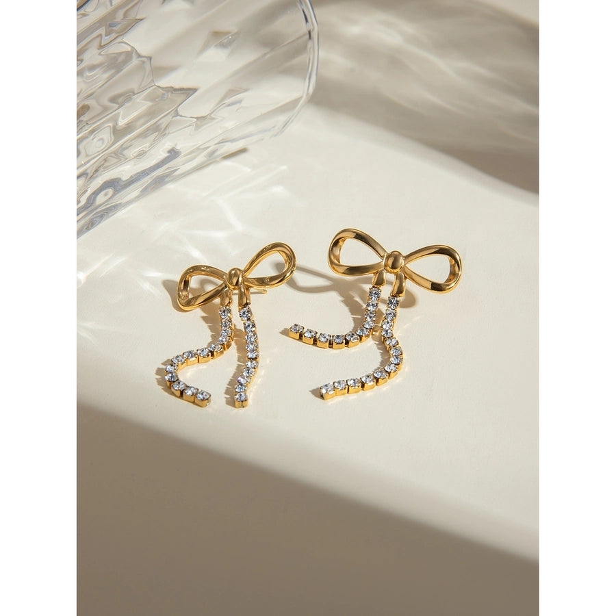 Bow and Rhinestone Drop Earrings(18K Gold Plated)