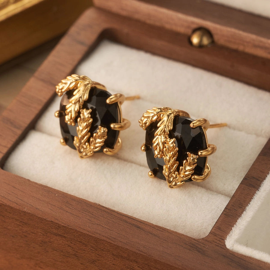 Black Stone with Stem Ear Studs(18K Gold Plated)