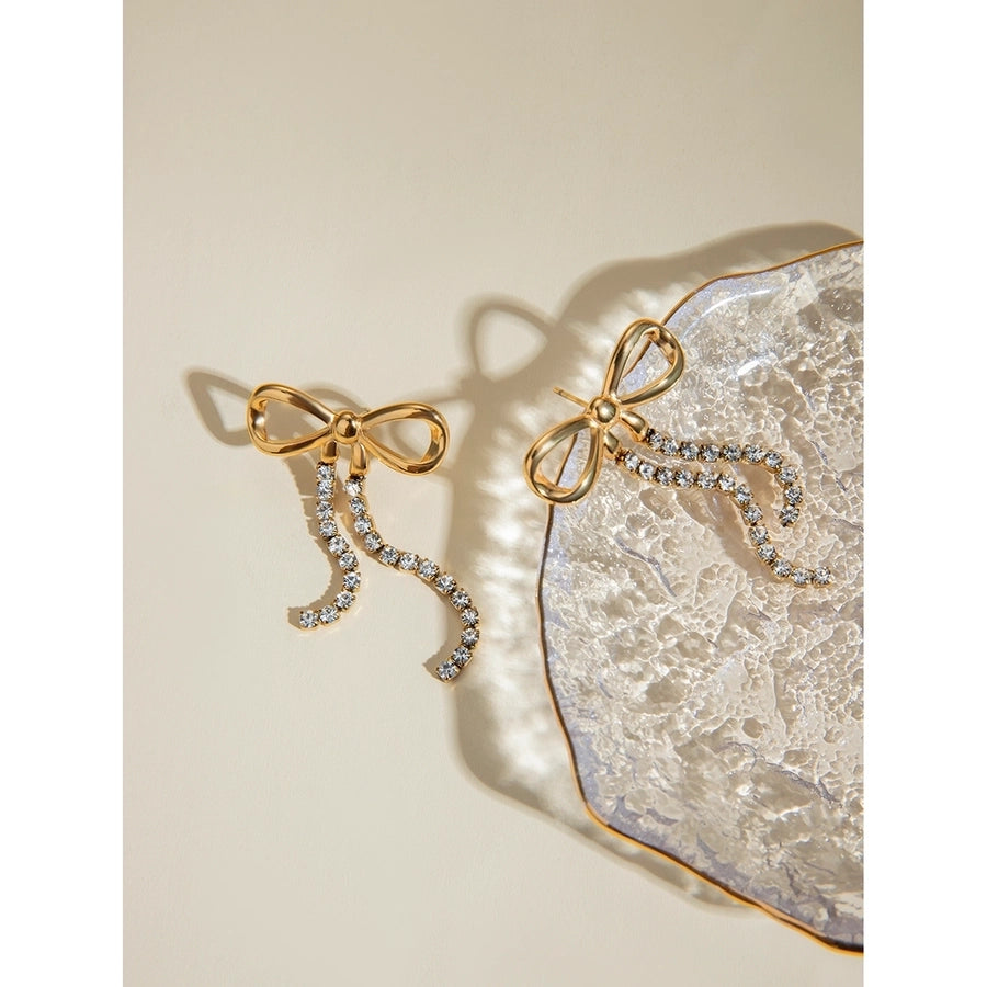 Bow and Rhinestone Drop Earrings(18K Gold Plated)